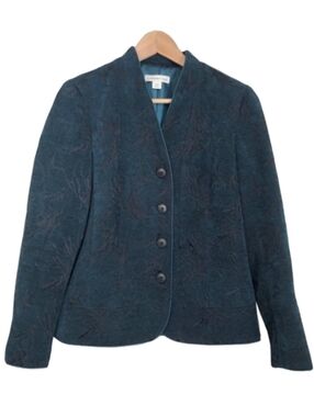Teal Blue Tapestry Brocade Blazer Coldwater Creek Texture Abstract Floral Damask